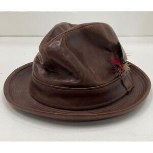 Vintage Dobbs Fifth Avenue Genuine Leather Fedora Hat Brown Feather Accent 7 1/4